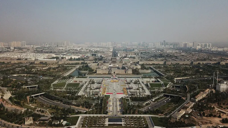Aerial panorama of the south gate and rebuilt city wall of Datong, Shanxi, at dusk