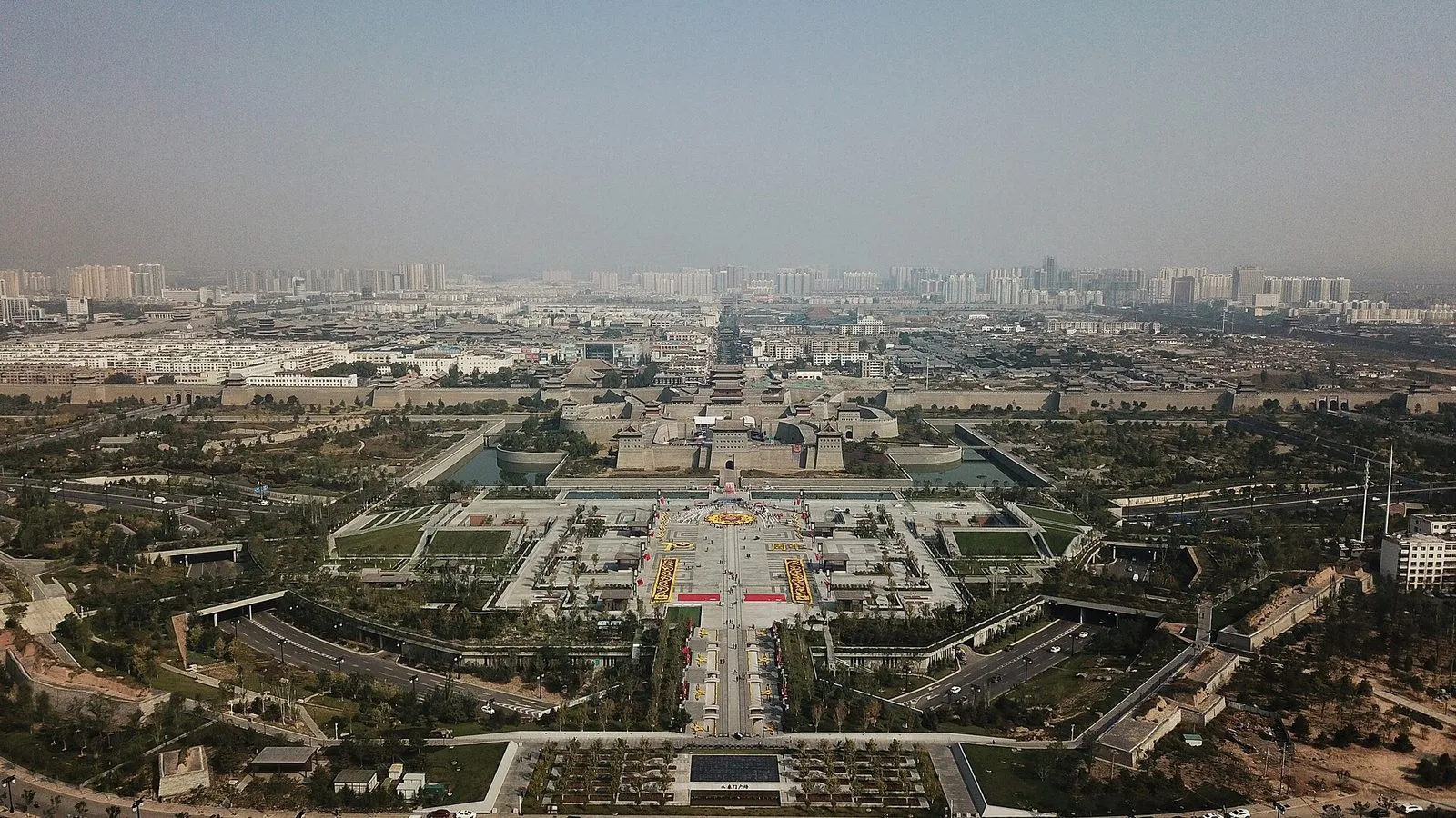 Aerial panorama of the south gate and rebuilt city wall of Datong, Shanxi, at dusk