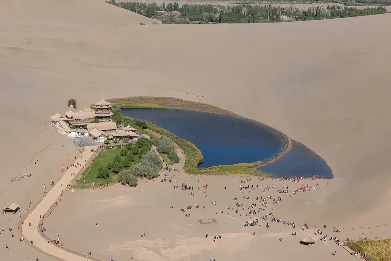 Camels crossing the sand dunes of Mingsha Mountain near Dunhuang at dusk