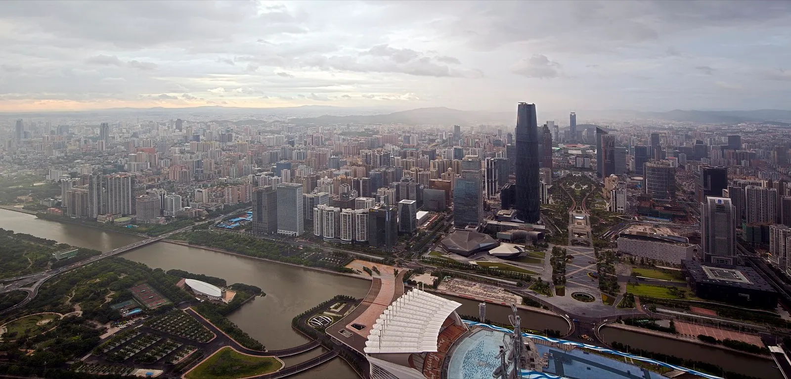 The Canton Tower and Pearl River skyline at dusk in Guangzhou