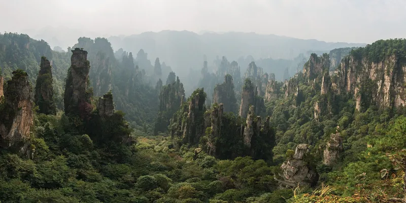 Tall quartz-sandstone pillars of Zhangjiajie National Forest Park rising out of drifting cloud